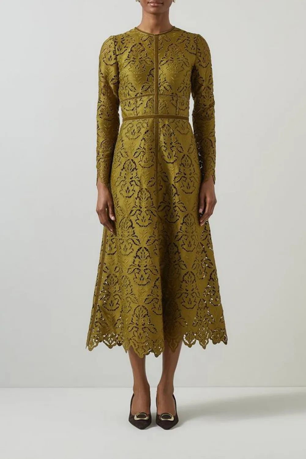 Olive Green Lace Detailed Long Sleeve Dress