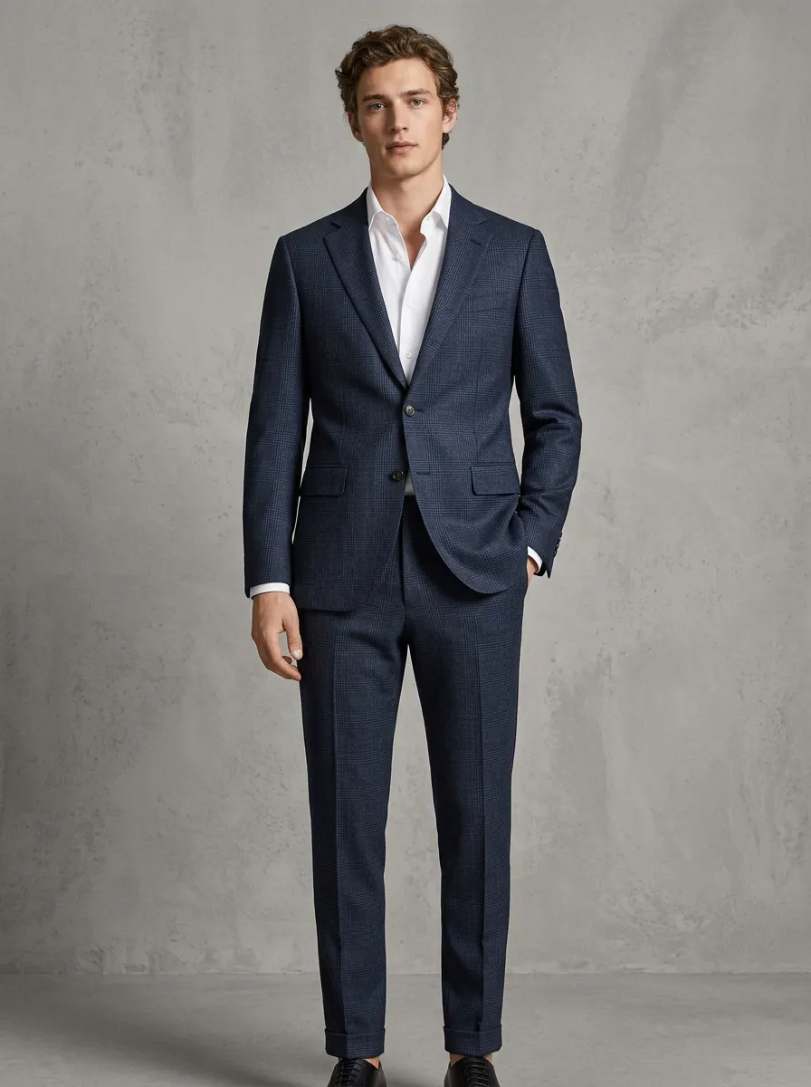 Men's Business Formal Navy Plaid Printed Suit