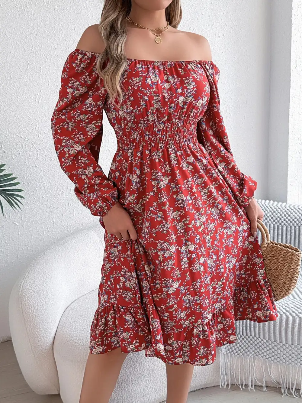 Floral Printed Square Neck Midi Dress