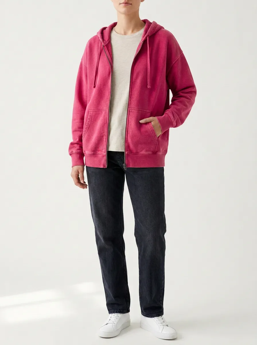 Vintage-Wash Plain Zip-Up Unisex Zip-Up Hooded Jacket