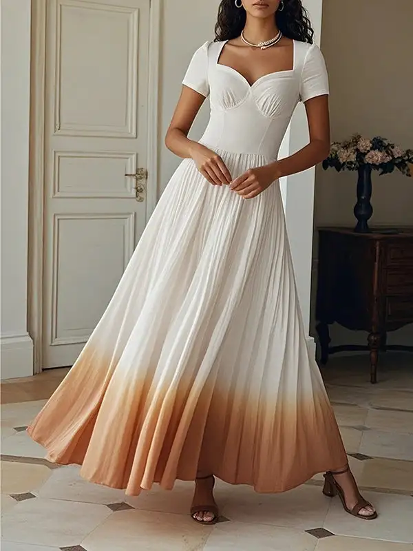 Gradient Pleated Neck Maxi Dress