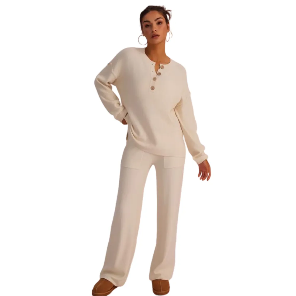Women's Waffle Knit Loungewear Set Cozy Button Front Top & Wide Leg Pants