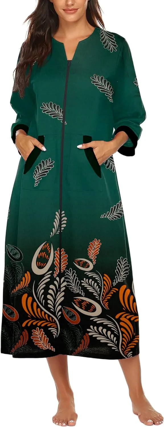 50% OFF Women Zipper Robe 3/4 Sleeves Loungewear Dress Full Length Sleepwear Pockets Housecoat Nightgown Long Bathrobe
