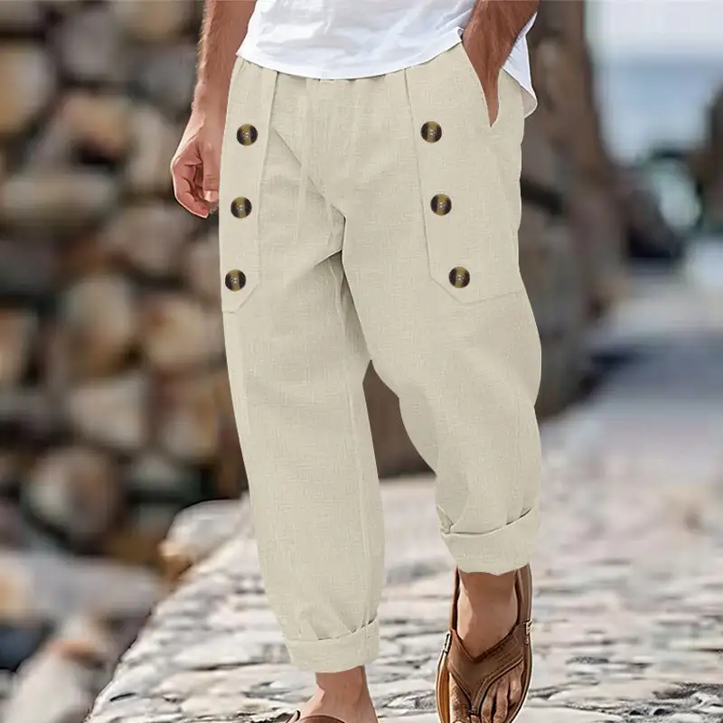 Men's Ankle-length Linen Cargo Pants Pockets