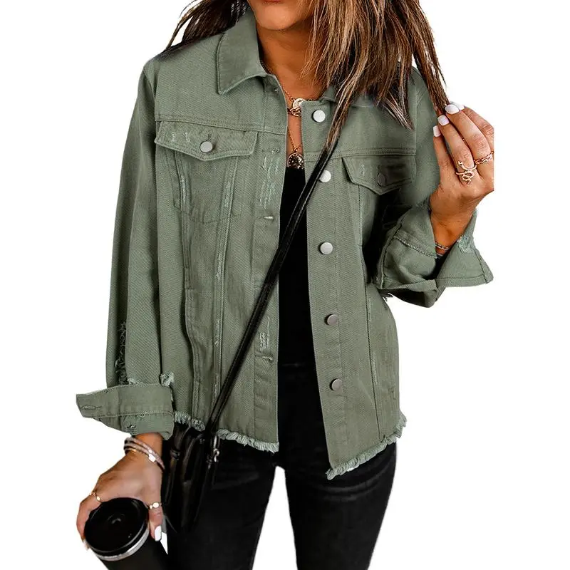 Women's Jean Jackets Casual Non Stretch Boyfriend Washed Coats Distressed Ripped Lapel Long Sleeve Denim Outwear Tops 2025 Womenswear Fall Winter Outfits Fitted Basic