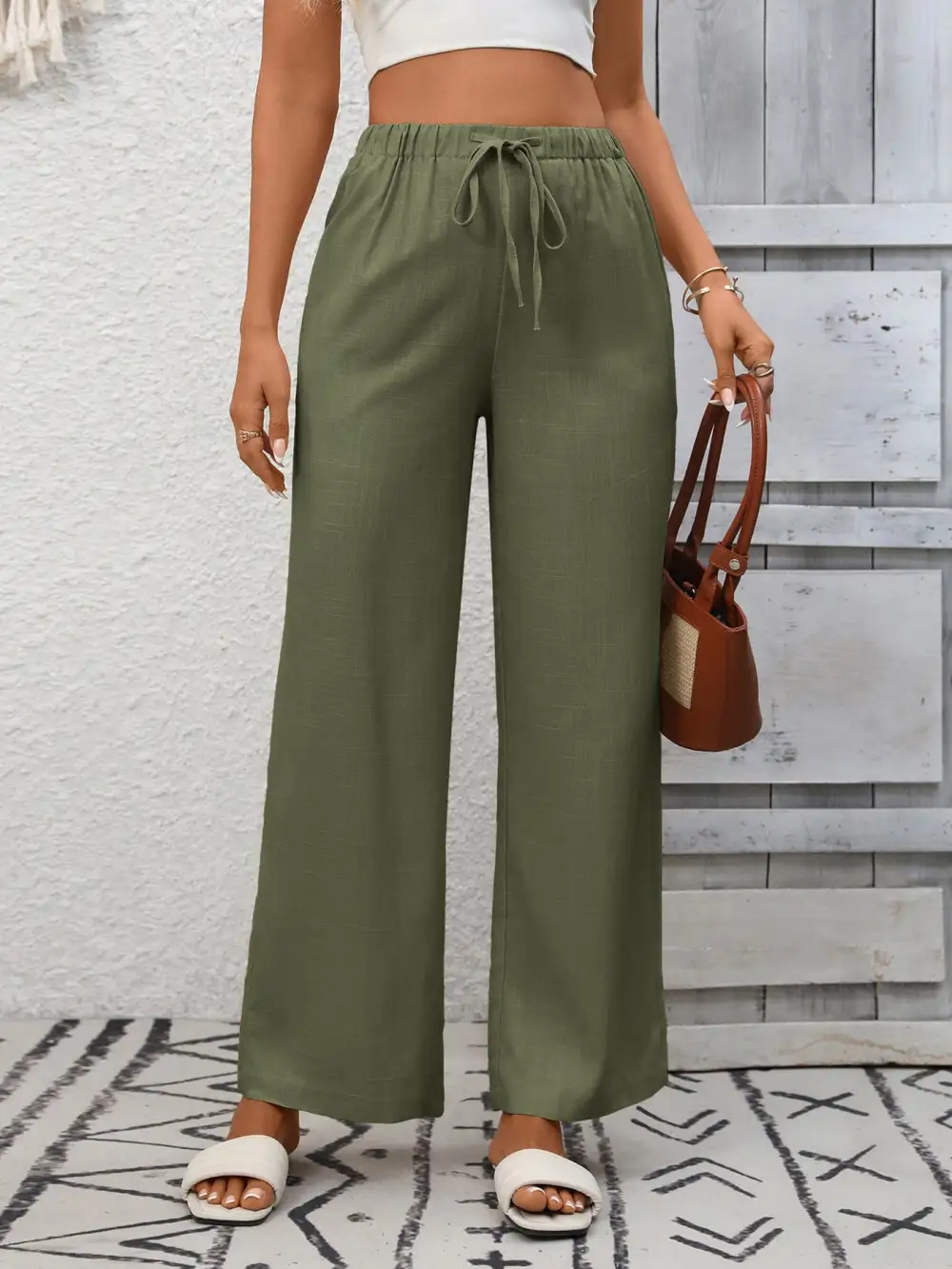 Wide Leg High Waist Drawstring Pocketed Pants