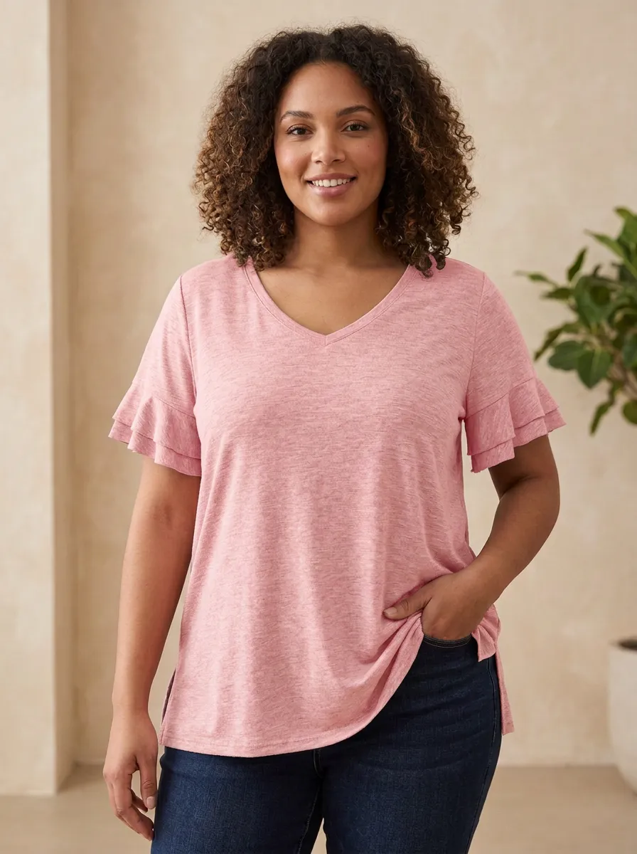 Women's Plus Size Grey Ruffle Sleeve V-Neck T-Shirt