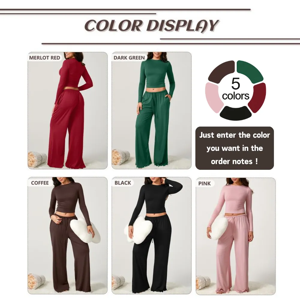Women's 2-Piece Activewear Set Long-Sleeve Crop Top & Wide-Leg Pants Stretchy Fabric for Yoga