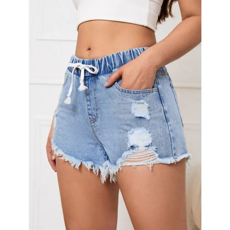 Distressed Drawstring Raw Hem Denim Shorts