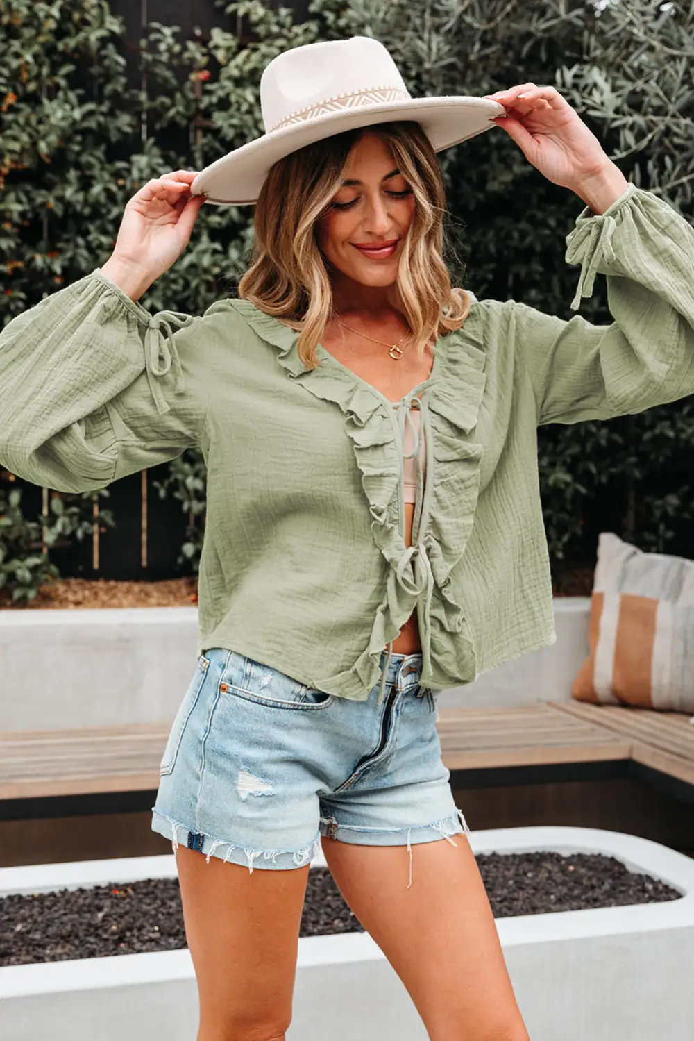 Ruffle Trim Long Sleeve V Neck Blouse