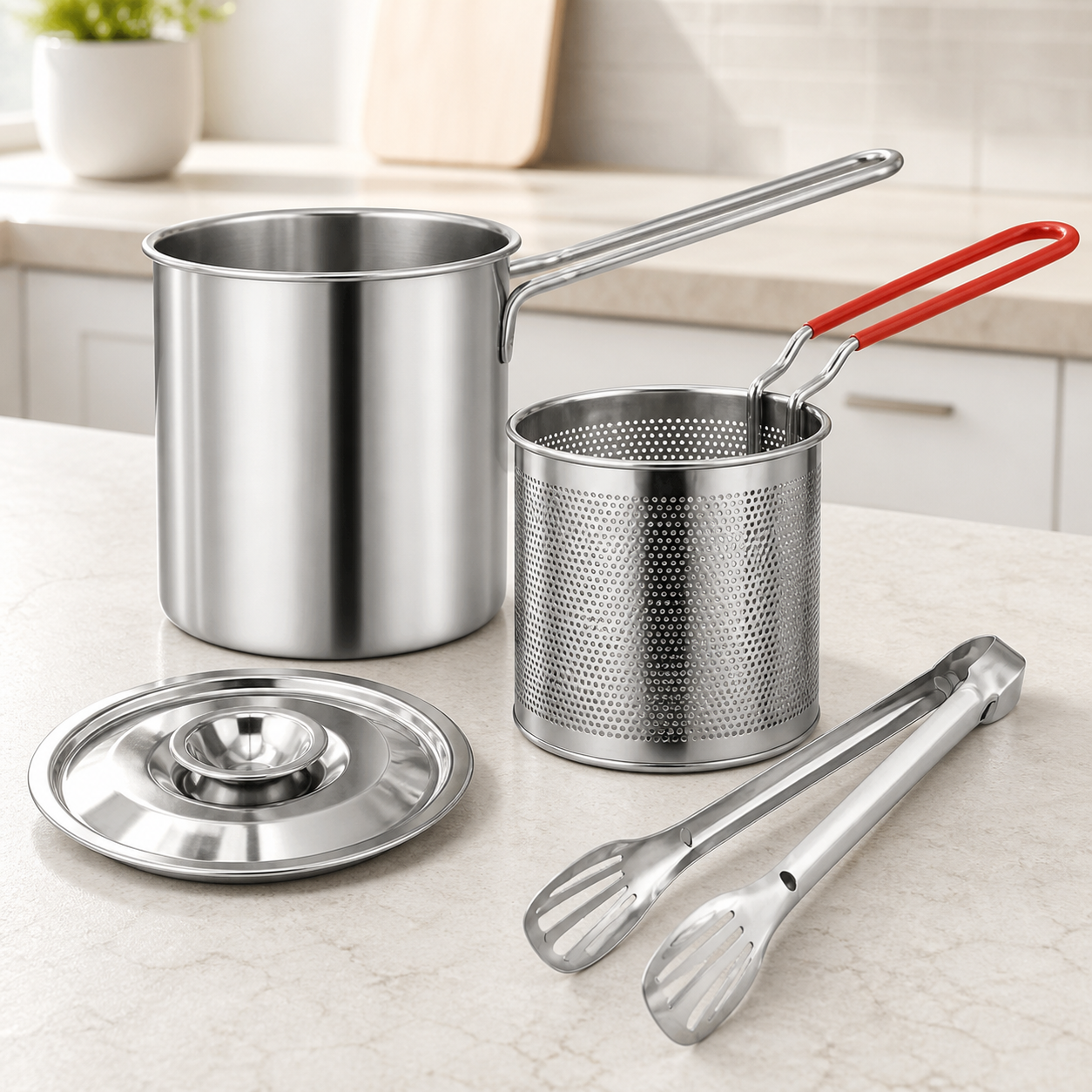 Compact Stainless Steel Deep Fryer Pot Set - 2, 3 or 4 Pieces - Choose Your Set