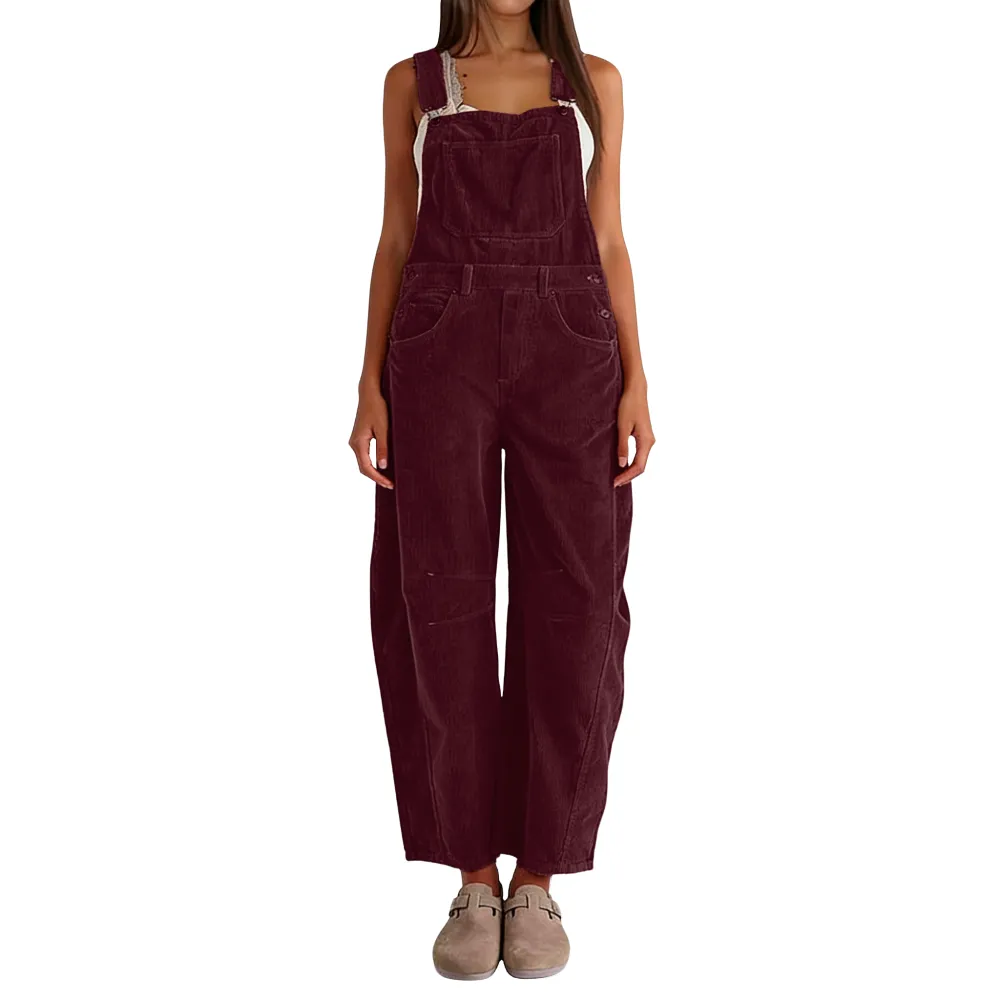 Women Barrel Wide Leg Bib Corduroy Pants