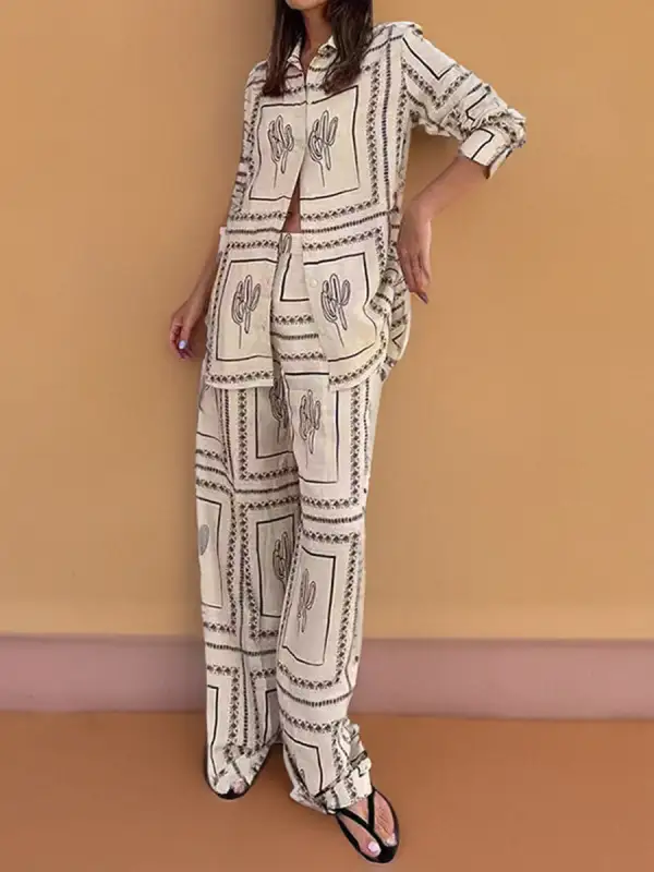 Relaxed Geometric Print Blouse And Pants Set