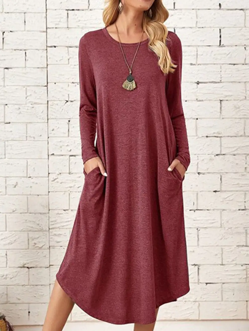 Midi-Length Round Neck Long-Sleeved Dress