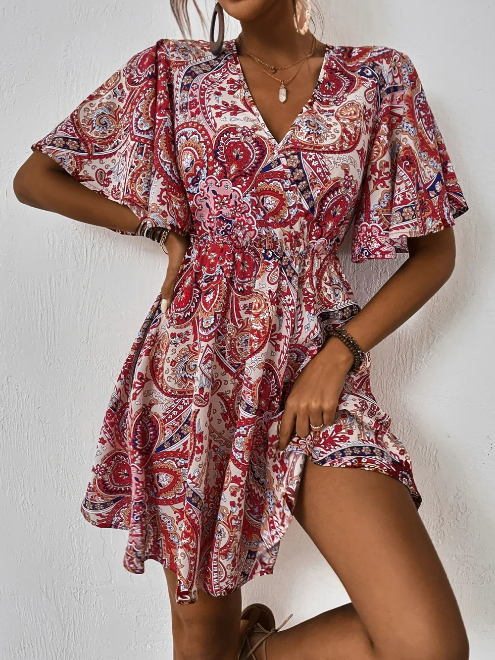 Plus Size Allover Paisley Print Tie Back Butterfly Sleeve Dress Without Belt