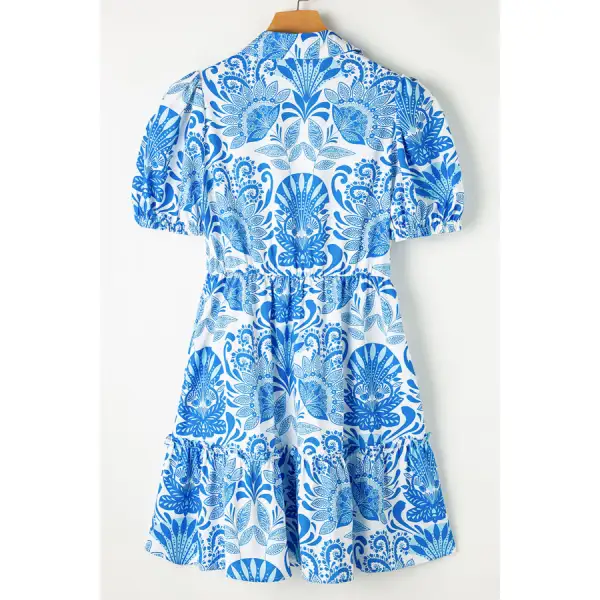 Sky Retro Print Drawstring Waist Ruffled Mini Dress