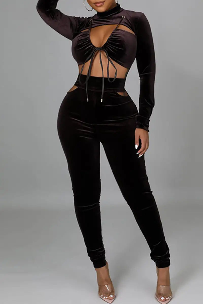 Fashion Sexy Solid Hollowed Out Frenulum Turtleneck Skinny Jumpsuits