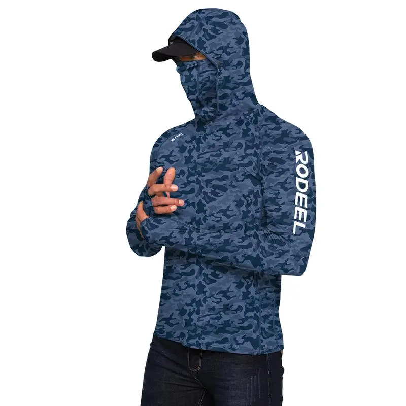 Sun Hoodie Shirt w/ UV Detection Mask Neck Gaiter Thumbhole Men UPF 100+ Sun Protection Raglan Long Sleeve Lightweight Quick Dry Moisture Wicking Breathable Cooling Athletic Activewear for Outdoor Hiking Fishing Construction Roofing Landscaping