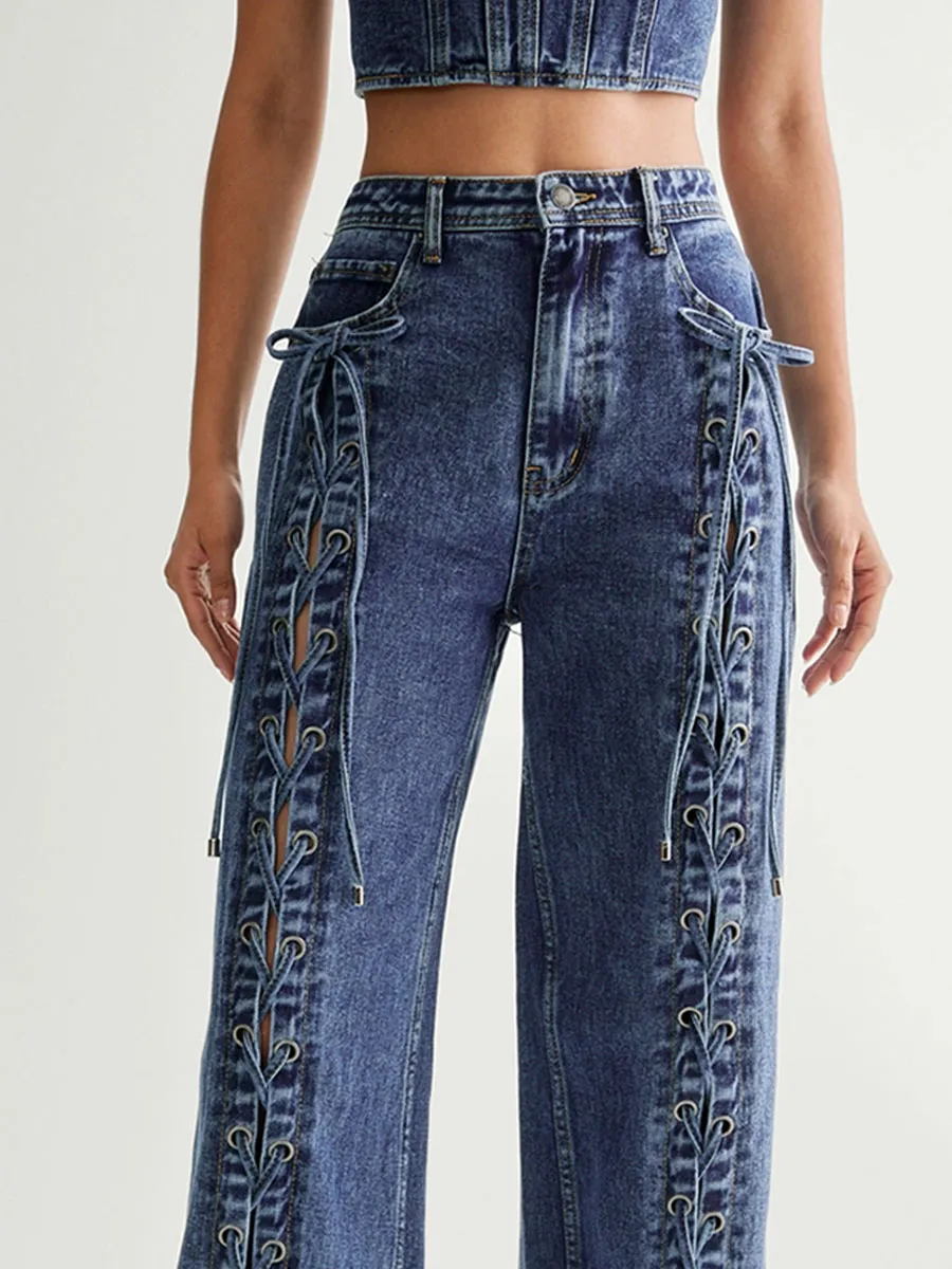 Women's Side Lace-Up Accent Wide-Leg Jeans