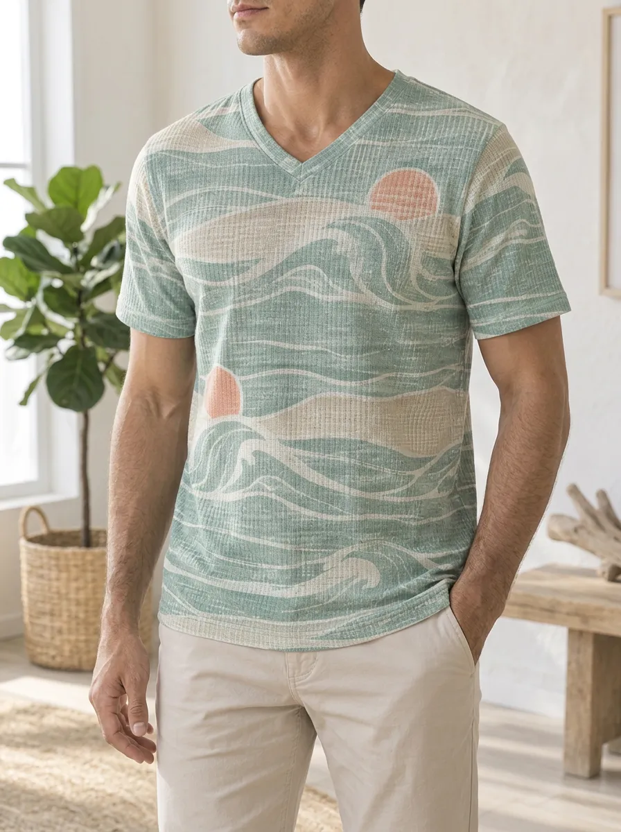 Men's Ocean Sunset Beach Lover Abstract Wave Printed V-Neck T-Shirt
