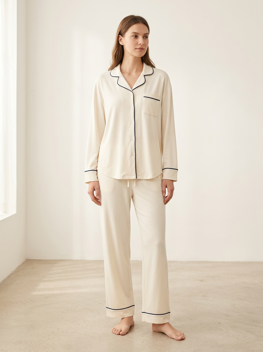 Women's Notched-Lapel Chest-Pocket Drawstring Pajama Set
