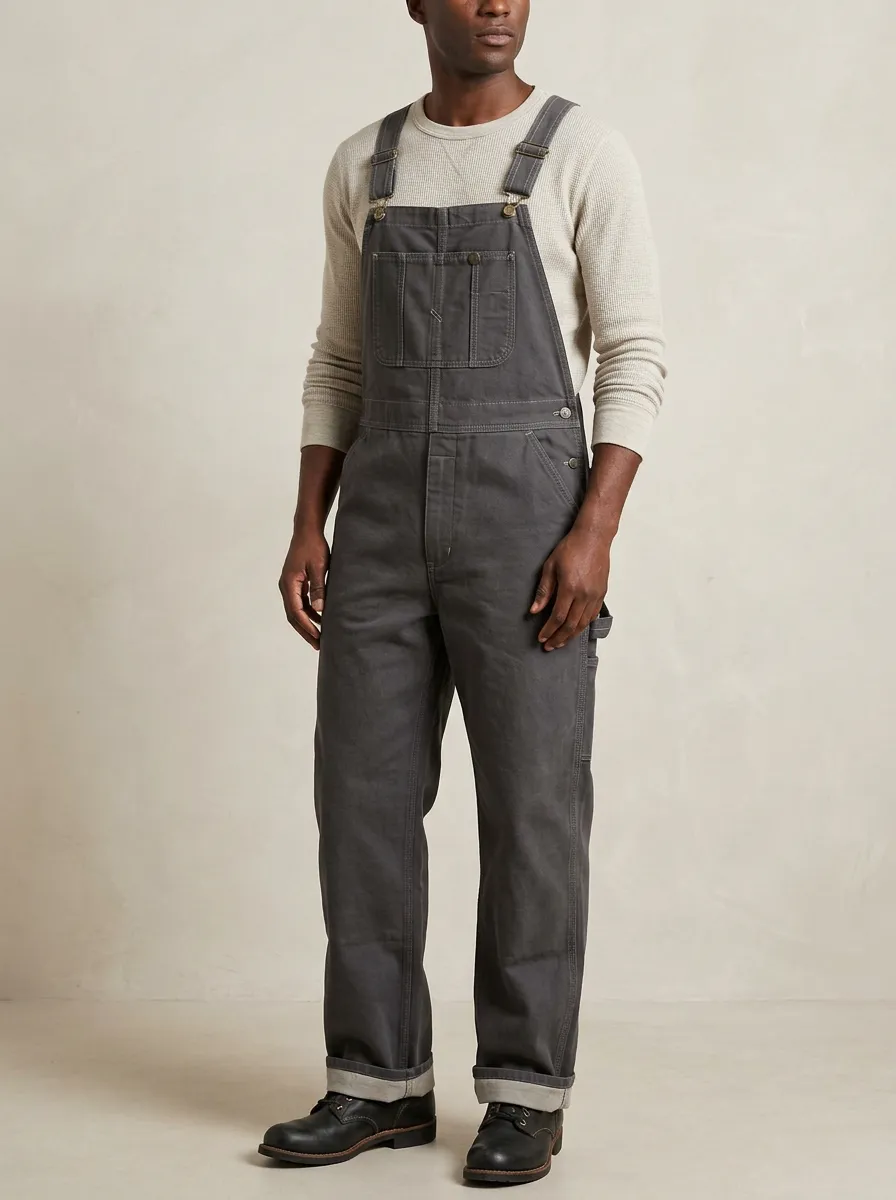 Men's Casual Workwear Charcoal Grey Cotton Bib Overalls