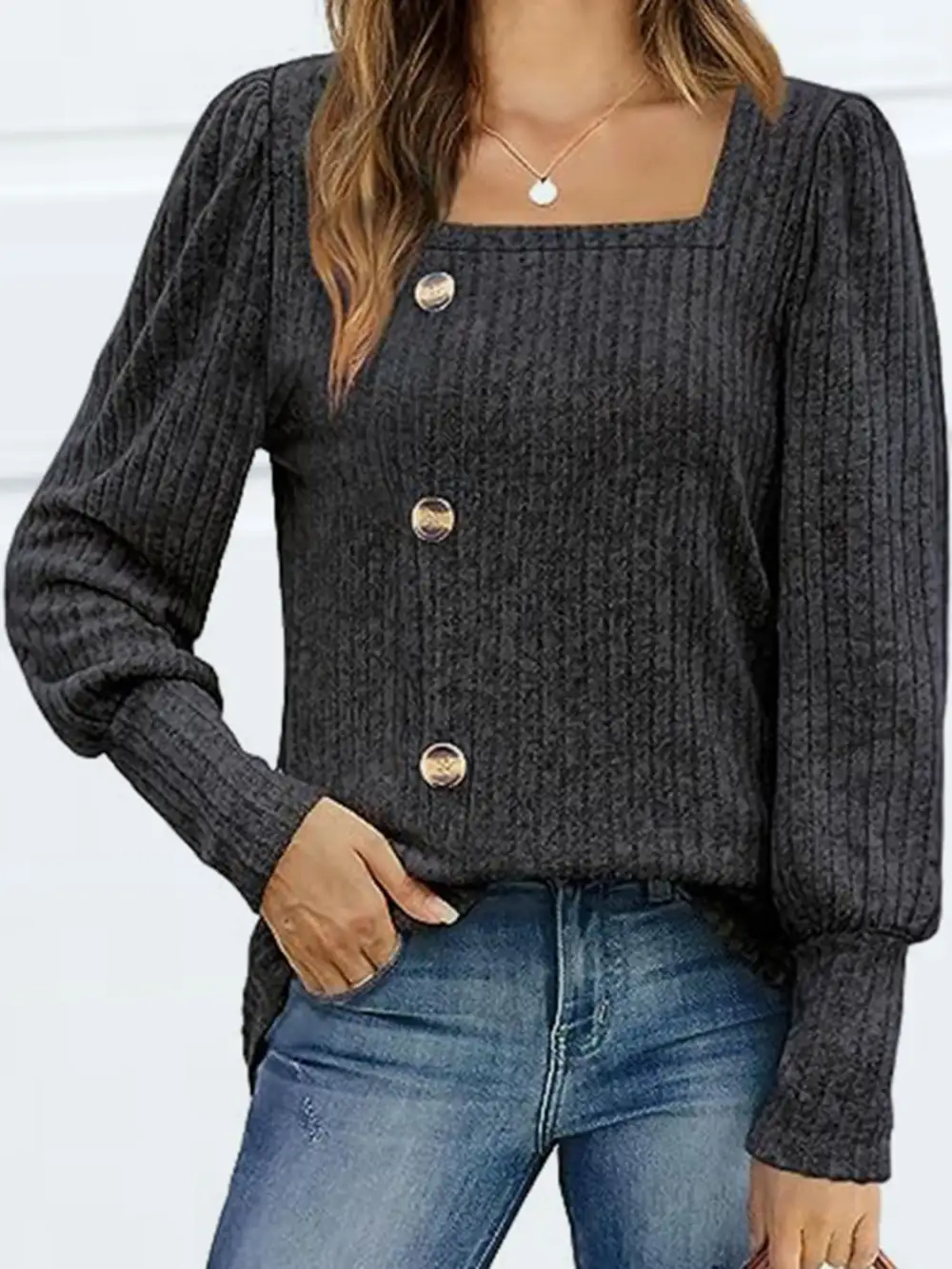Button Front Square Neck Blouse