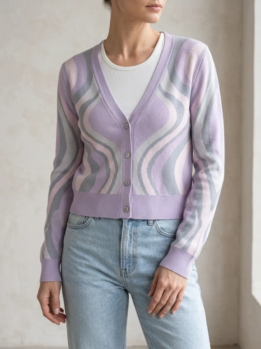 Women's Pastel Wavy Pattern Printed Cardigan