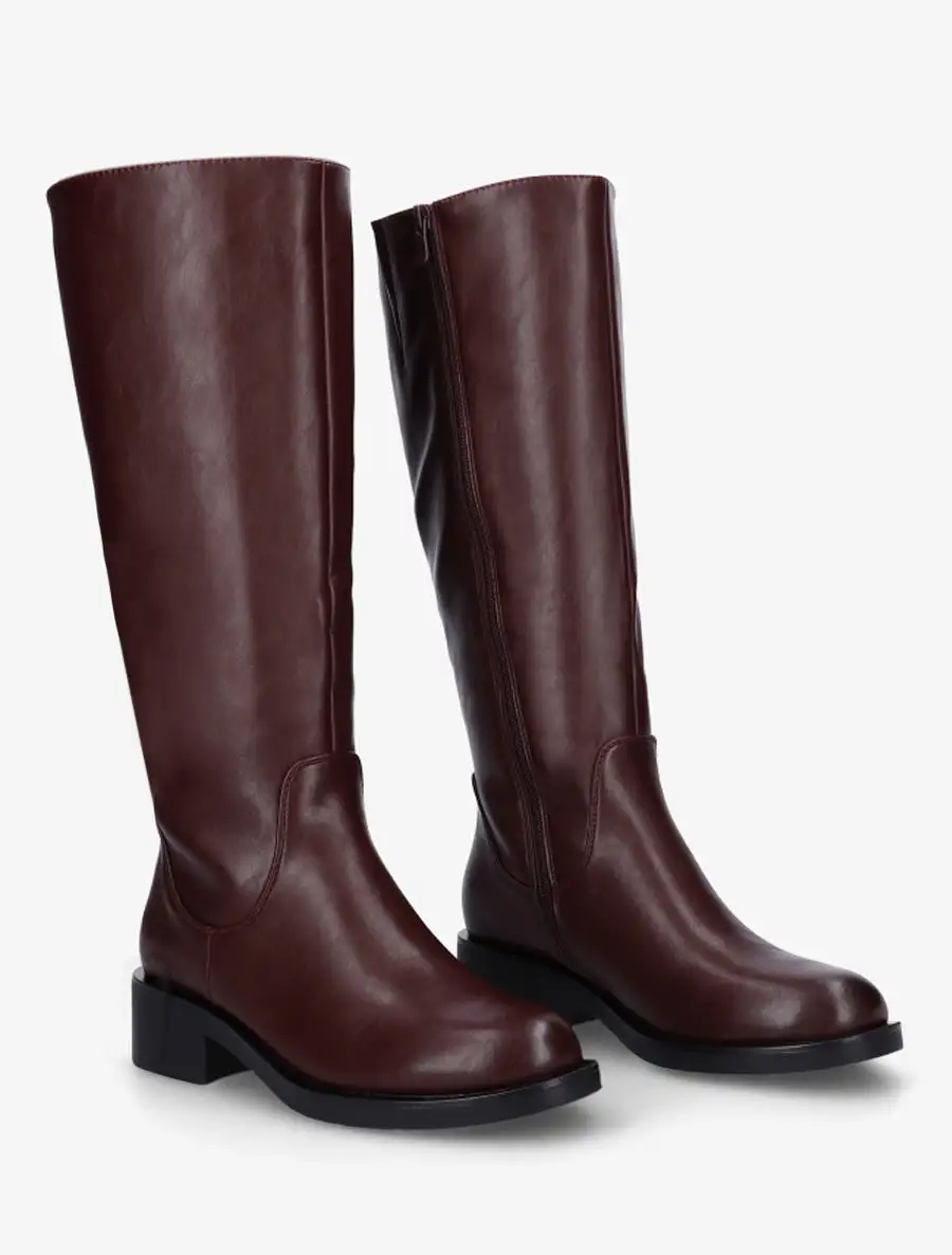 Refined Block Heel Faux Leather Flat Sole Knee High Boots