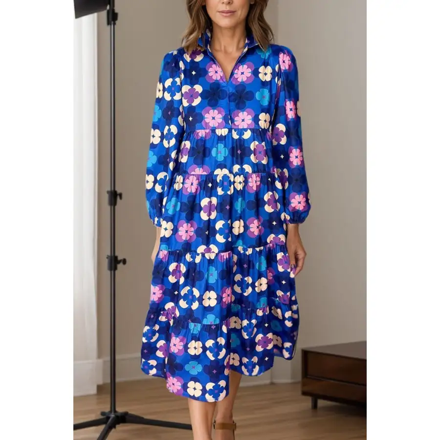 Neck Collared Neck Long Sleeve Midi Dress