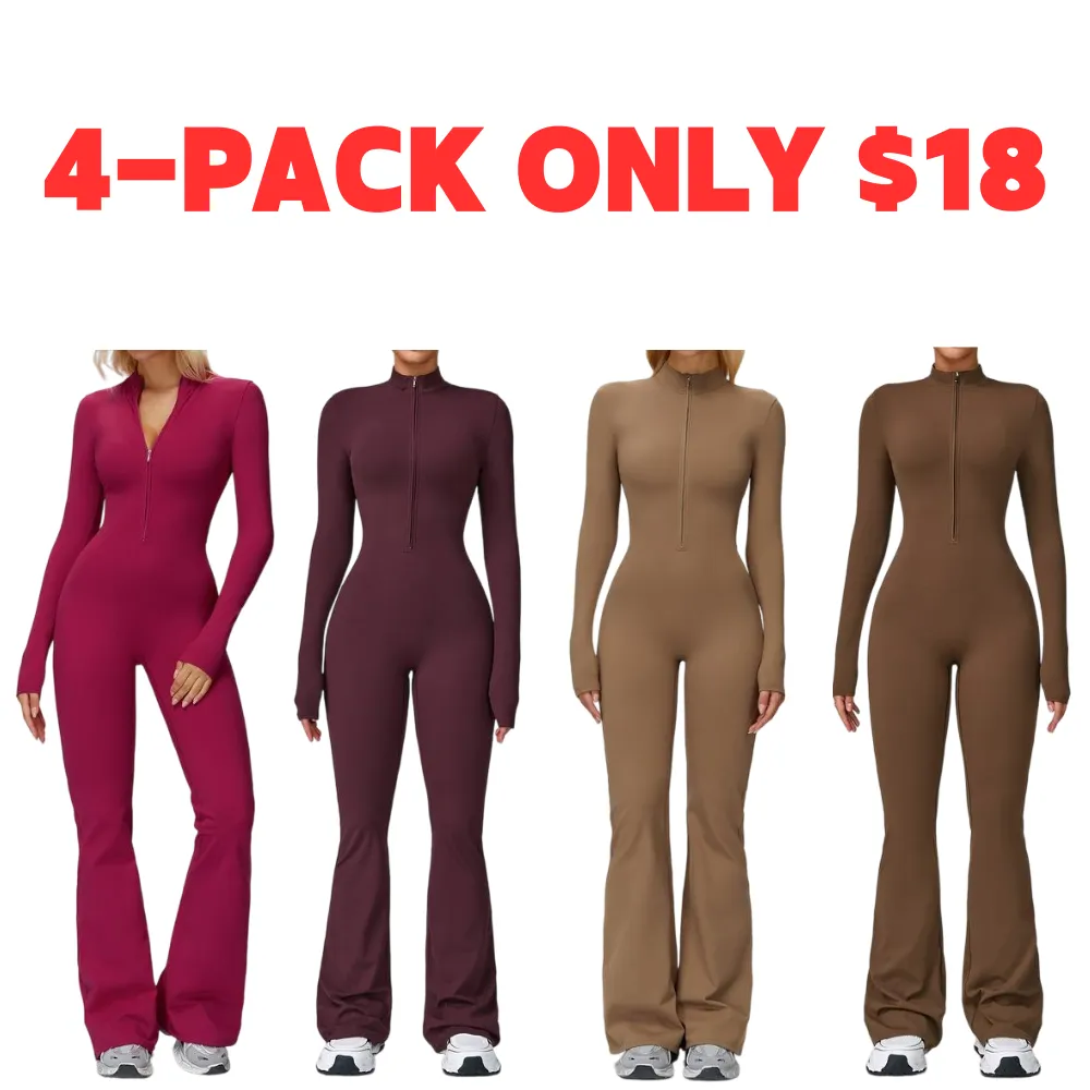 Women's Long Sleeve Flared Sports Jumpsuit - Zipper Jumpsuit, Wide Leg Bodysuit, Sexy One-Piece Yoga Jumpsuit