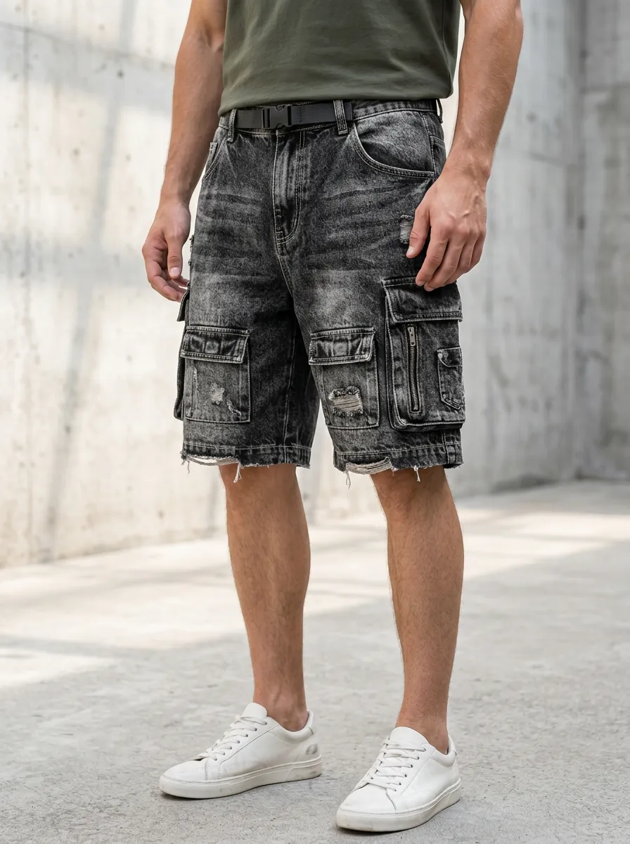 Men's Button Flap Cargo Denim Shorts