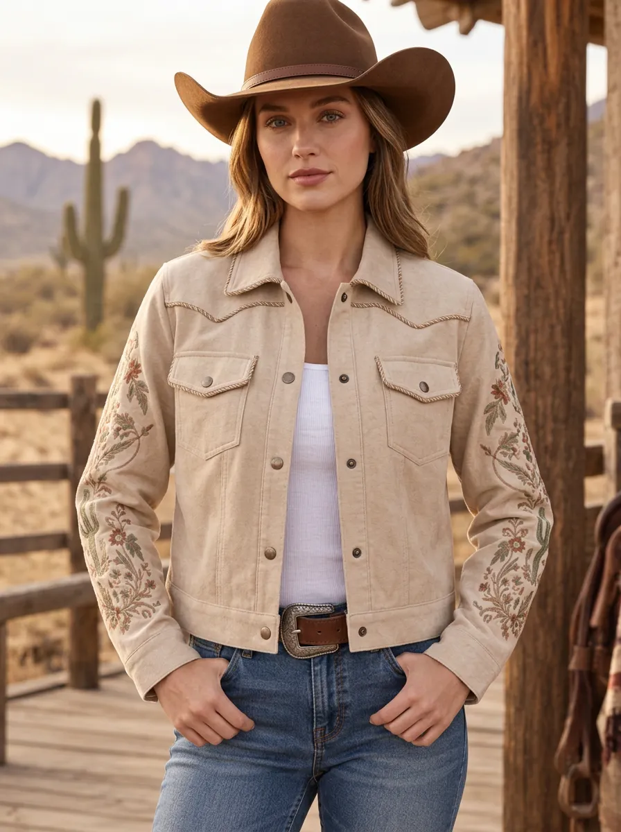 Women's Classic Western Cactus Desert Floral Embroidery Floral Embroidered Jacket