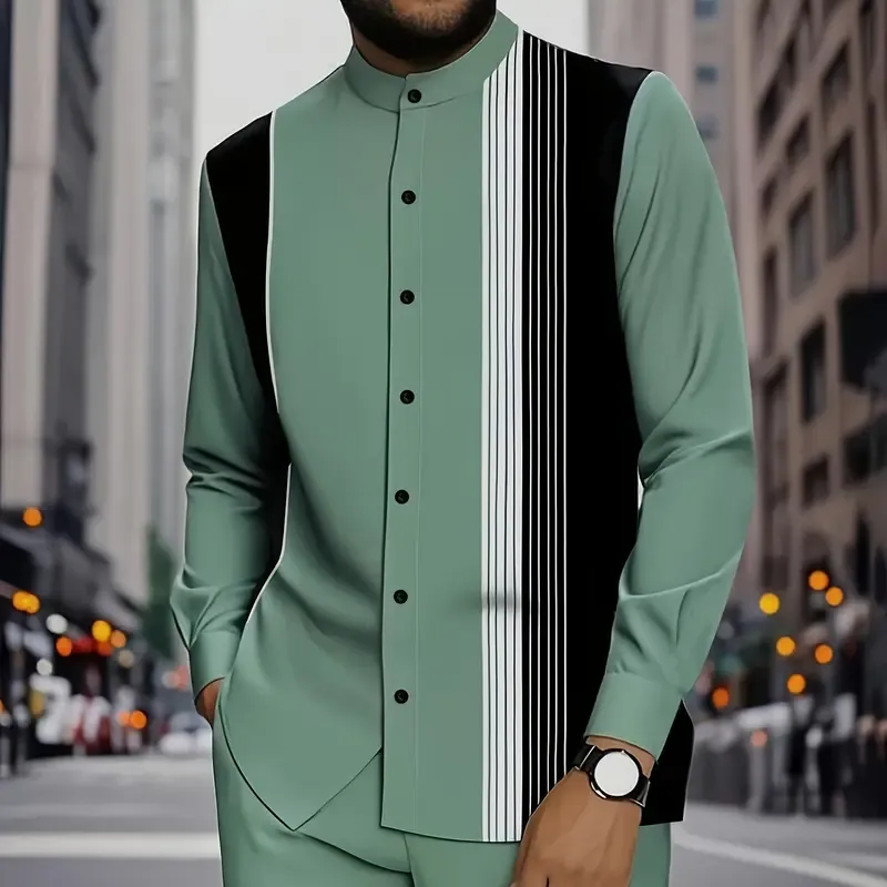 Men's black and white striped button-down shirt with drawstring waist casual pants
