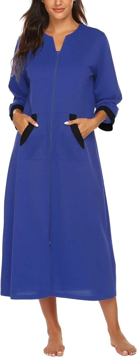 50% OFF Women Zipper Robe 3/4 Sleeves Loungewear Dress Full Length Sleepwear Pockets Housecoat Nightgown Long Bathrobe