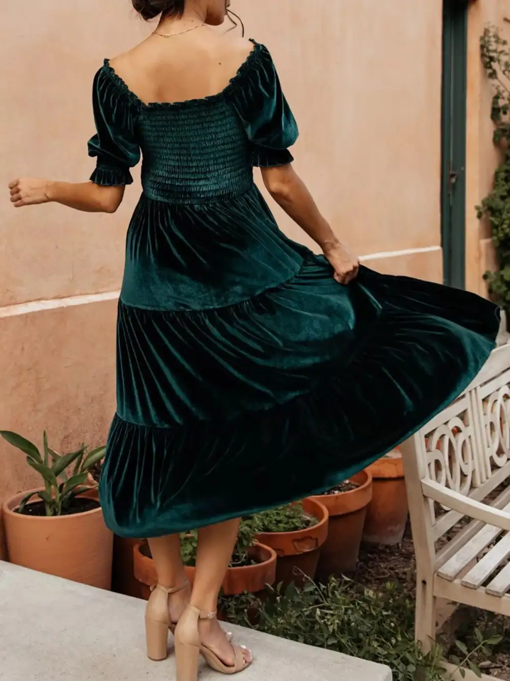 Velvet Tiered Smocked Midi Dress