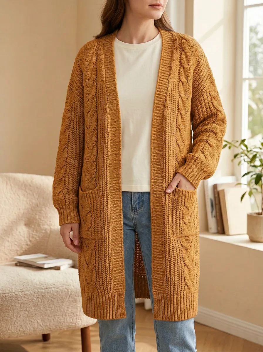 Women's Cable Knit Open-Front Vertical Cable-Knit Detailing Long Cardigan