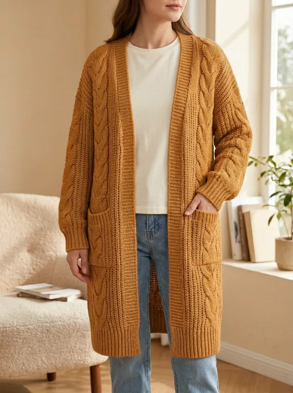 Women's Cable Knit Open-Front Vertical Cable-Knit Detailing Long Cardigan