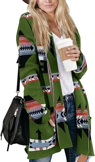 🧶 Women Boho Cardigan Aztec Open Front Long Sleeve Shawl Collar Sweater Coat✨ Effortlessly Boho. Warmth Meets Free Spirit.