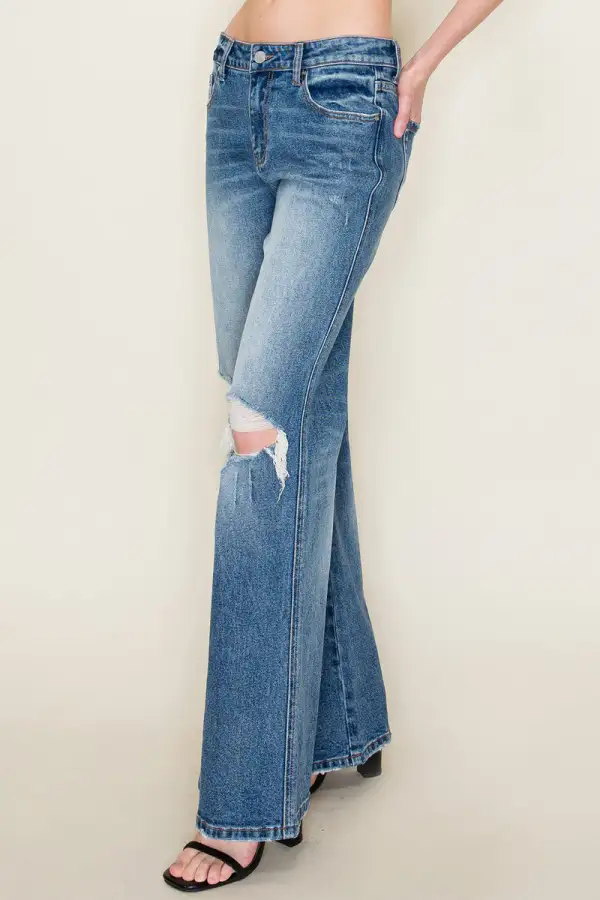 Women's Mid Rise Distressed Knee Distressed Wide Leg Stretch Denim Jeans