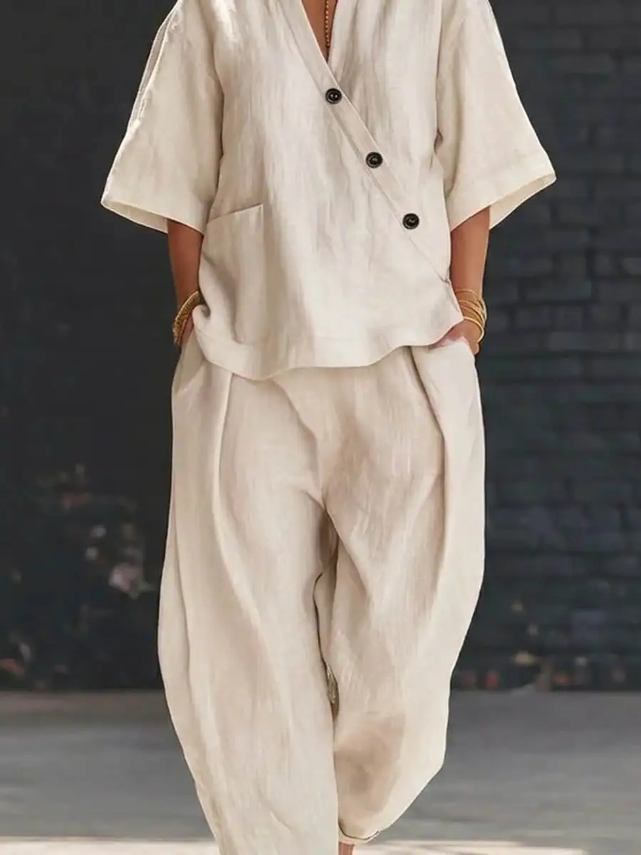 Relaxed V Neck Blouse And Pants Set
