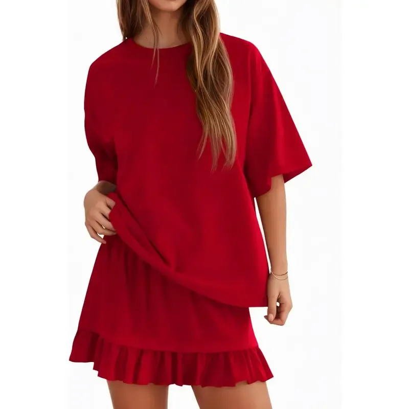 Women's Oversized Ruffle Hem Short Sleeve Set