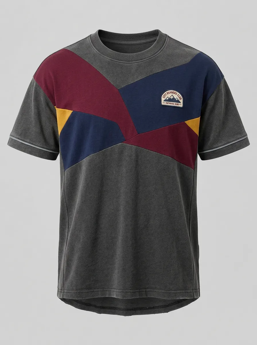 Men's Outdoor Adventure Mountain Badge Colorblock Printed T-shirt