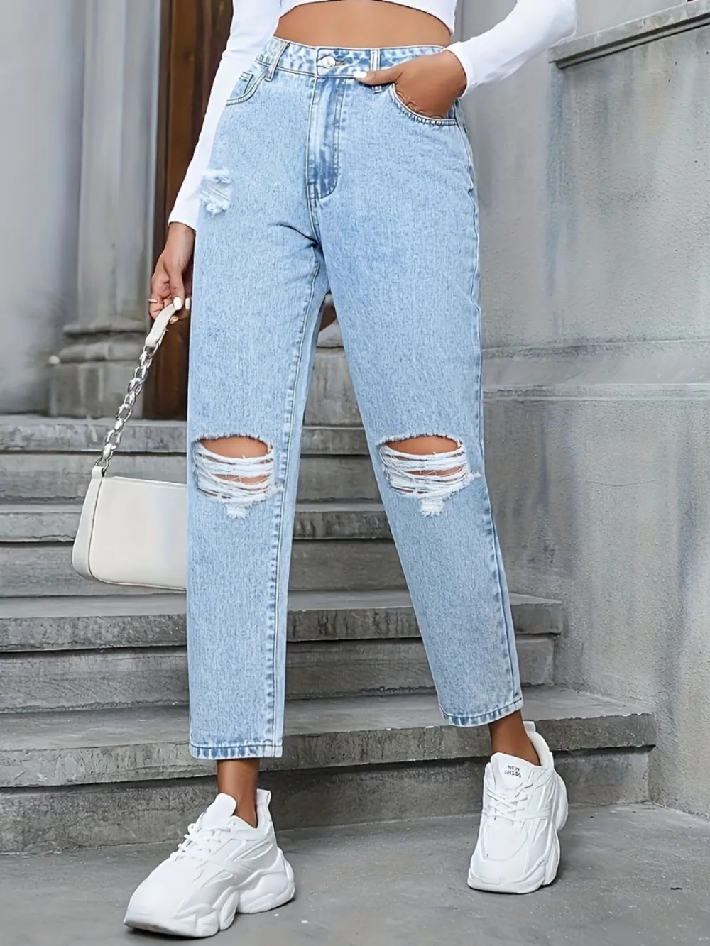 High Waist Distressed Pocketed Denim Jeans