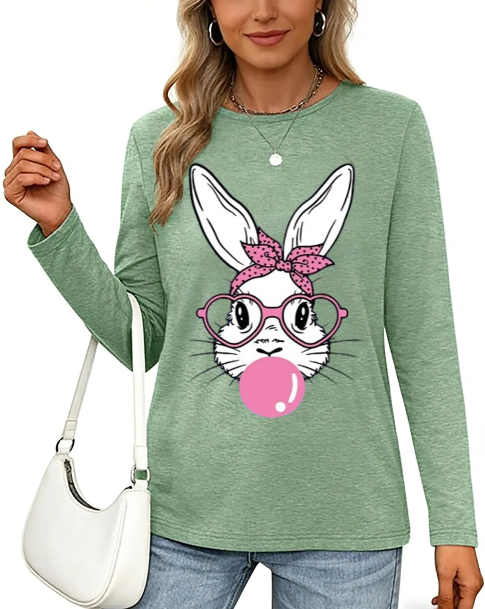 Bubble Rabbit Print Green Long Sleeve T-shirt