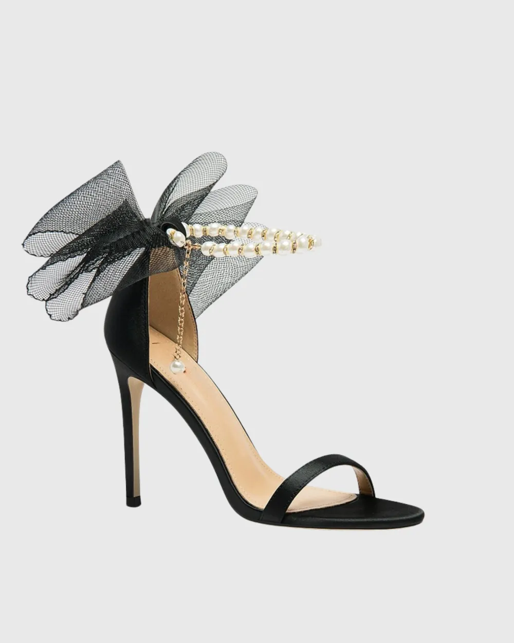 Mesh Bow Pearl Chain Strap Sandals