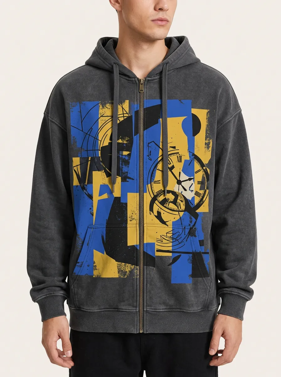 Men's Abstract Clock Graphic Printed Zip Up Hoodie