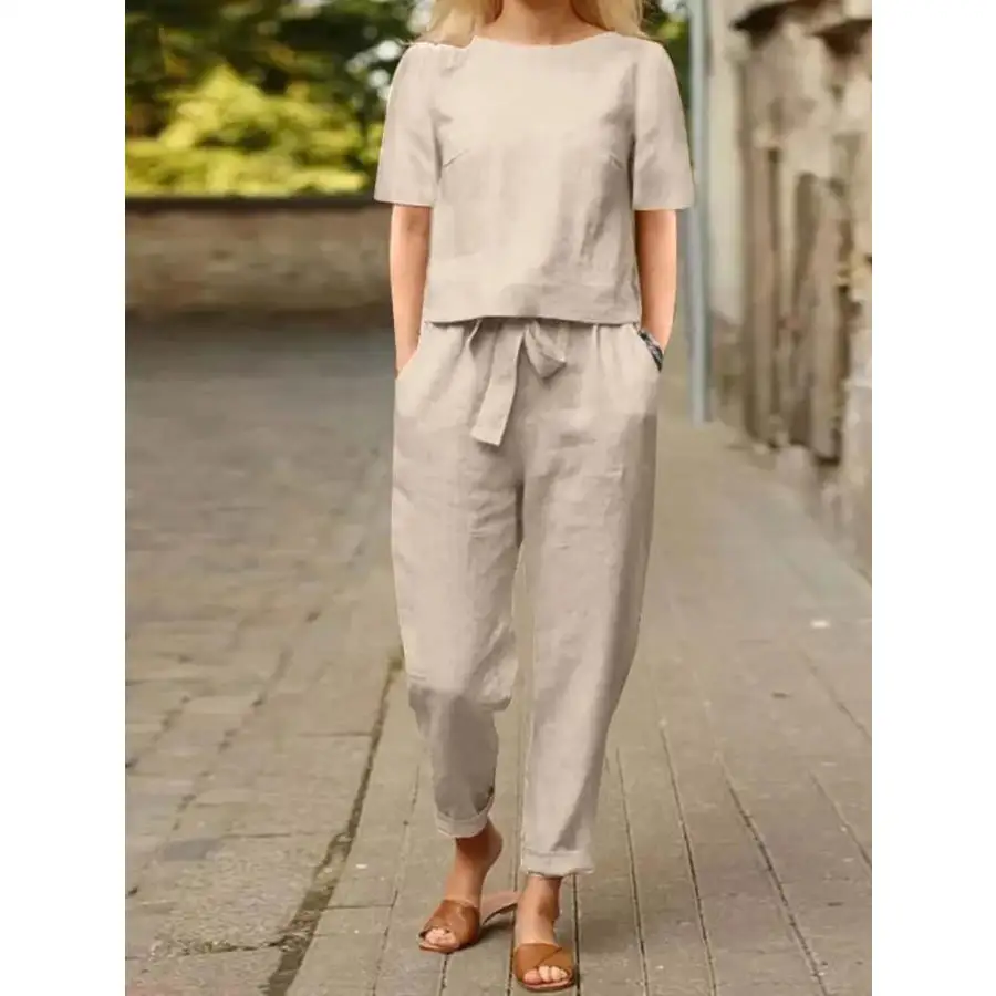 Relaxed Round Neck Short Sleeve Top and Pants Set