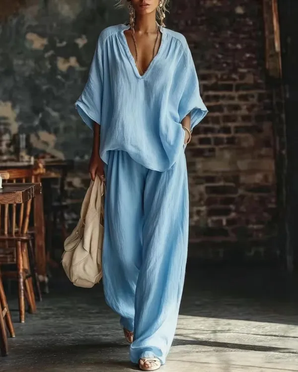 Casual Urban Boho V-Neck Blouse Set