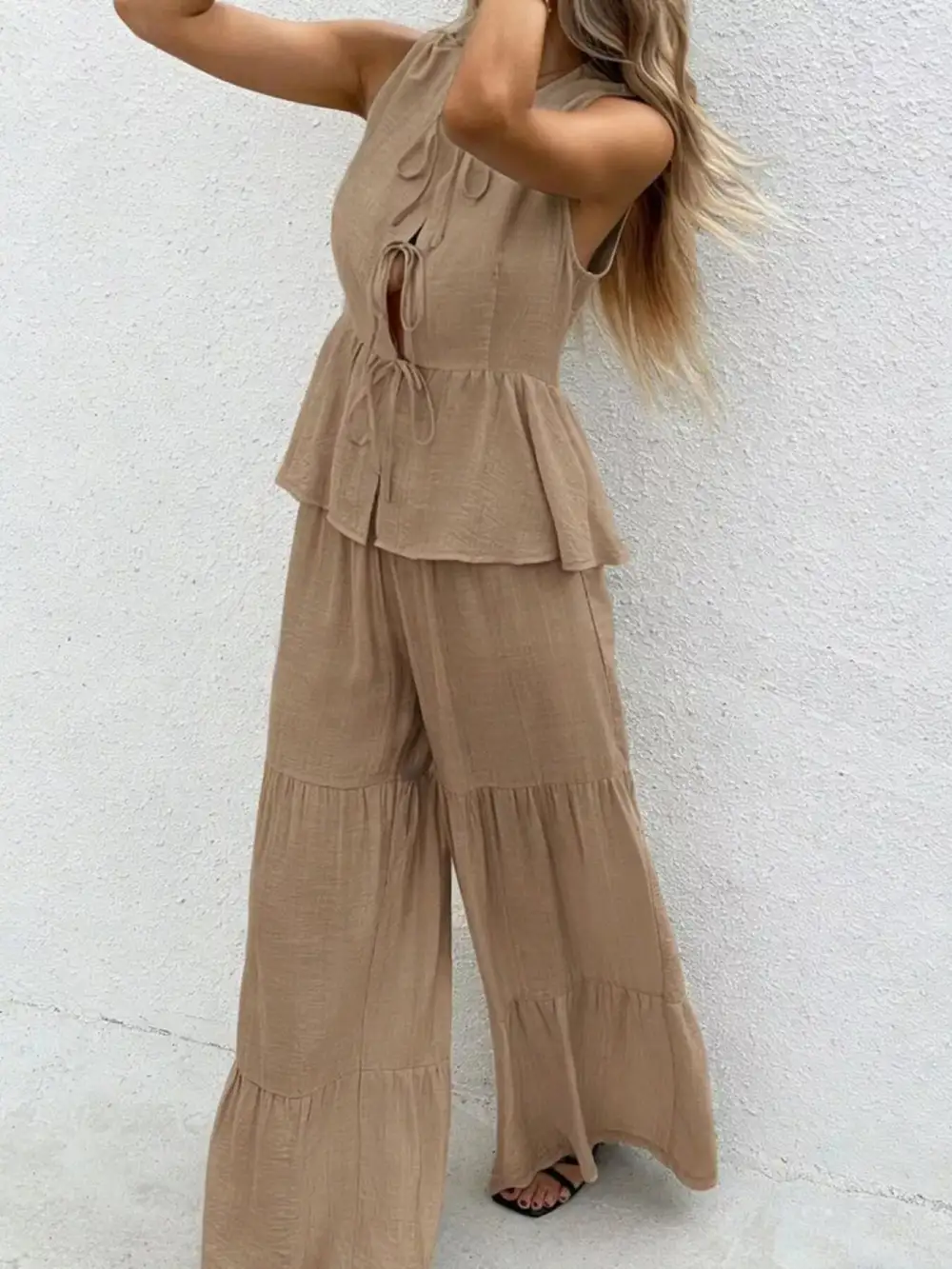 Sleeveless Tie Front Top and Wide Leg Pants Set